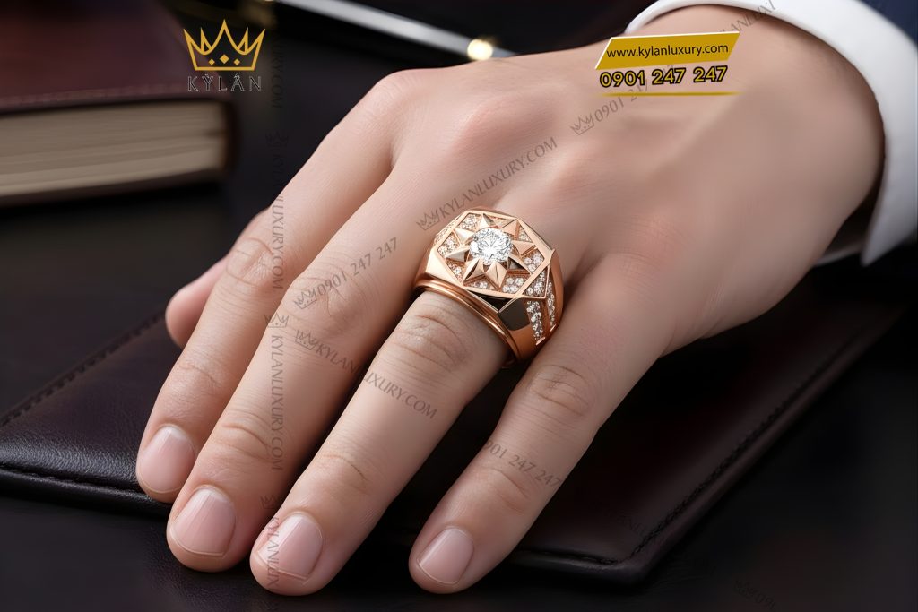 Nhẫn nam vàng hồng Au750 đính kim cương 7 Nhẫn nam vàng hồng Au750 đính kim cương