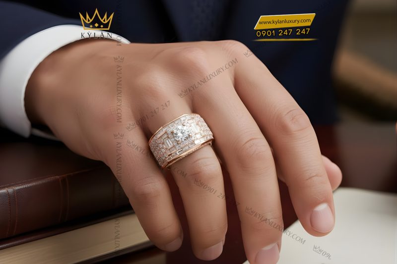 Nhẫn nam vàng hồng Au750 đính kim cương