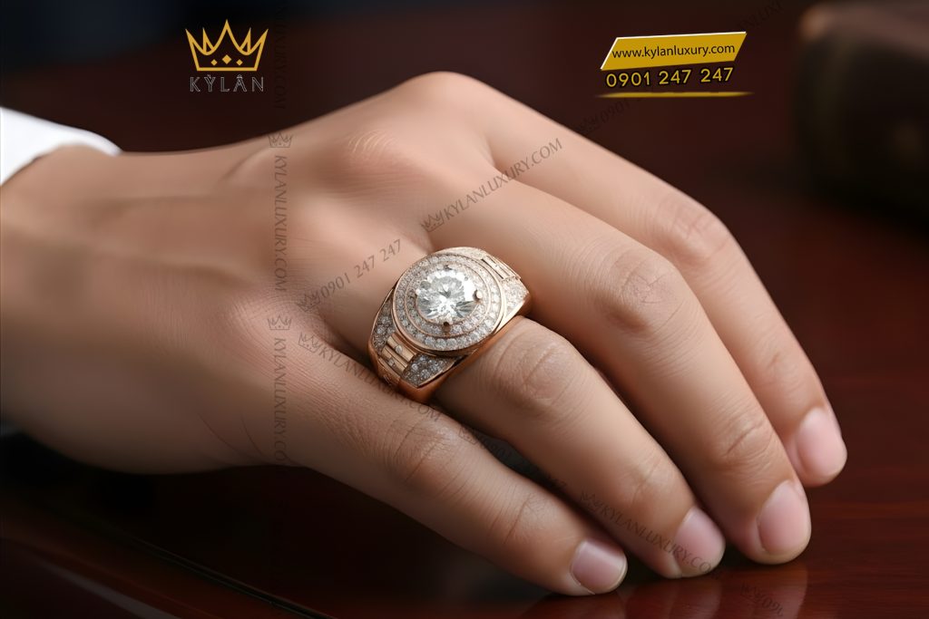 Nhẫn nam vàng hồng Au750 đính kim cương 6 Nhẫn nam vàng hồng Au750 đính kim cương