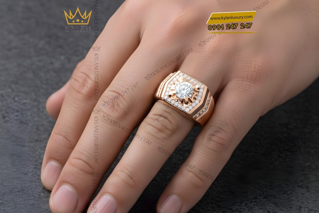 Nhẫn nam vàng hồng Au750 đính kim cương