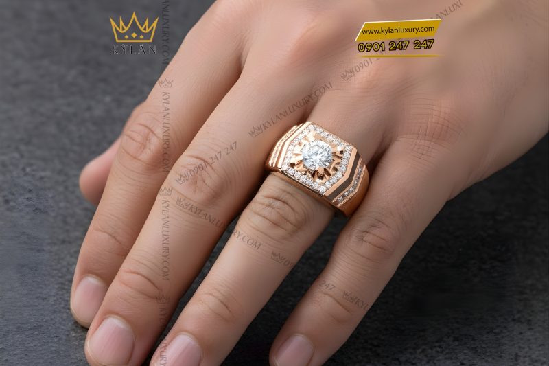 Nhẫn nam vàng hồng Au750 đính kim cương
