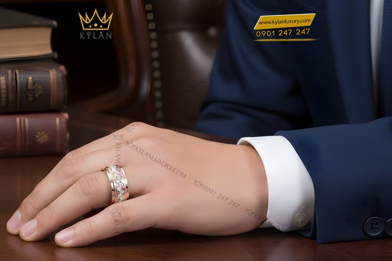 Nhẫn nam vàng hồng Au750 đính kim cương