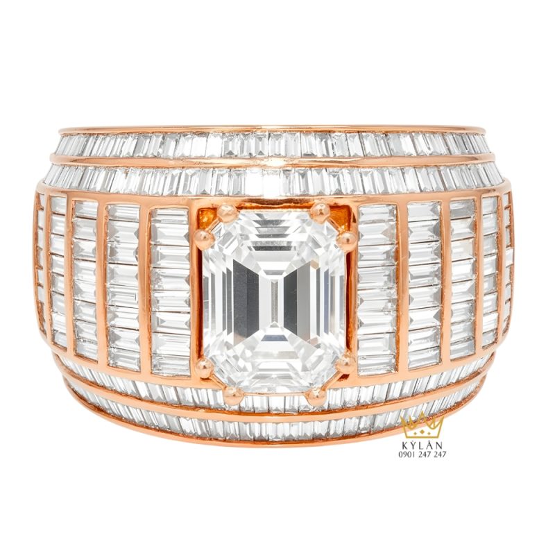 Nhẫn nam vàng hồng Au750 đính kim cương baguette