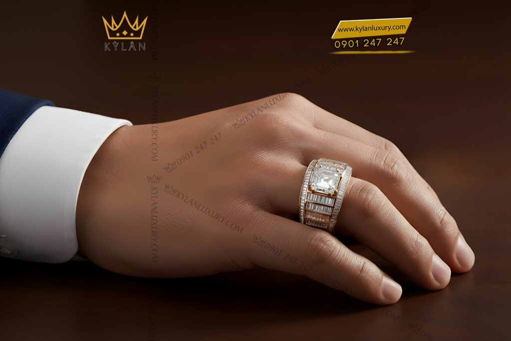 Nhẫn nam vàng hồng Au750 đính kim cương baguette 8 Nhẫn nam vàng hồng Au750 đính kim cương baguette