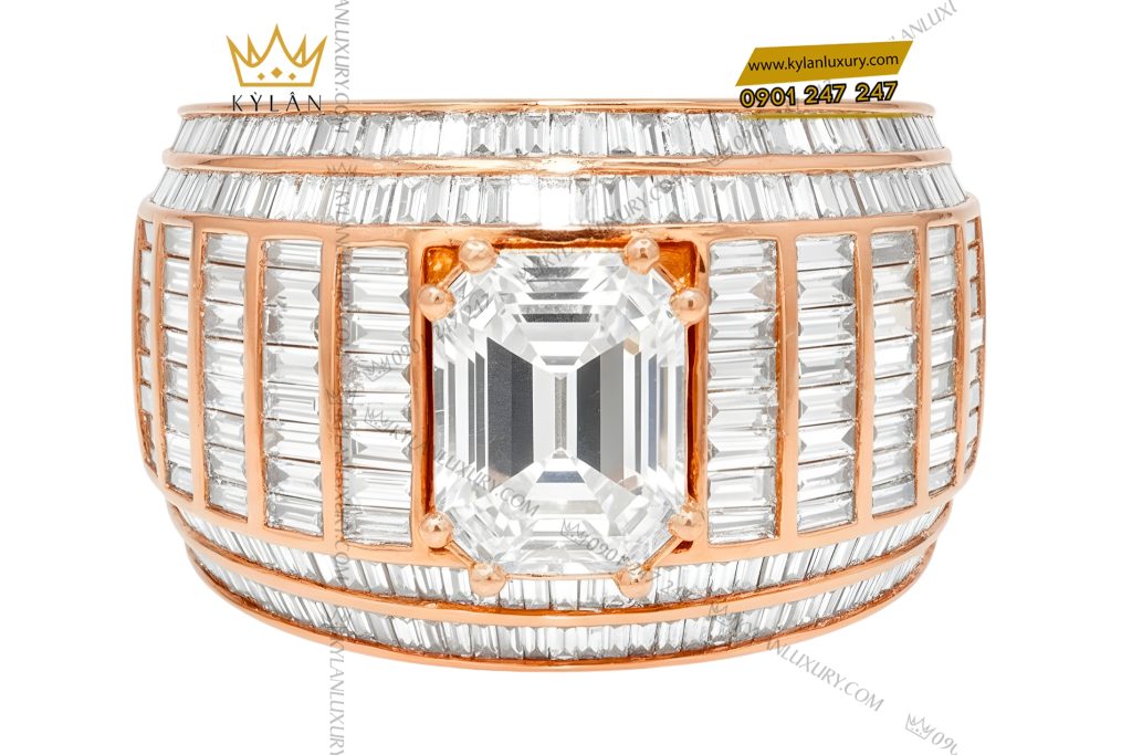 Nhẫn nam vàng hồng Au750 đính kim cương baguette 2 Nhẫn nam vàng hồng Au750 đính kim cương baguette