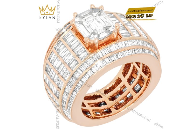 Nhẫn nam vàng hồng Au750 đính kim cương baguette