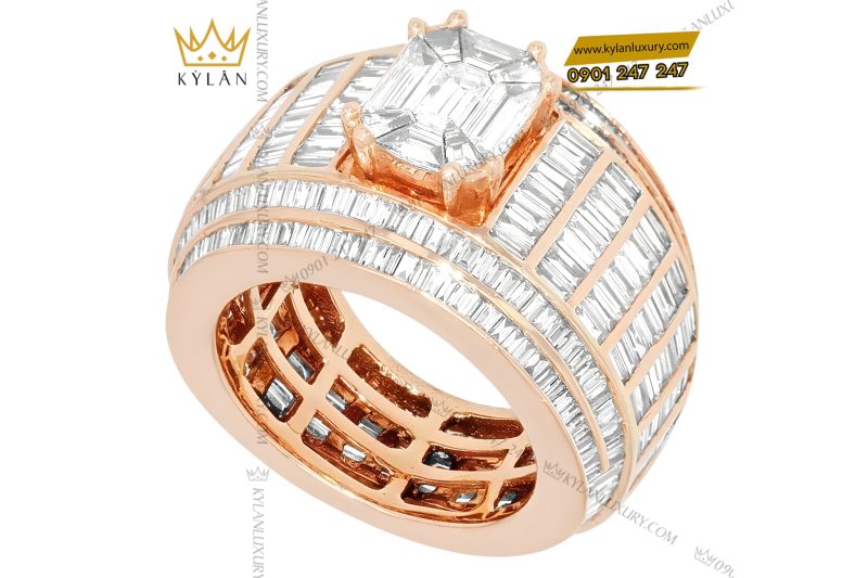 Nhẫn nam vàng hồng Au750 đính kim cương baguette