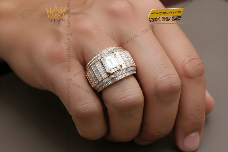 Nhẫn nam vàng hồng Au750 đính kim cương baguette