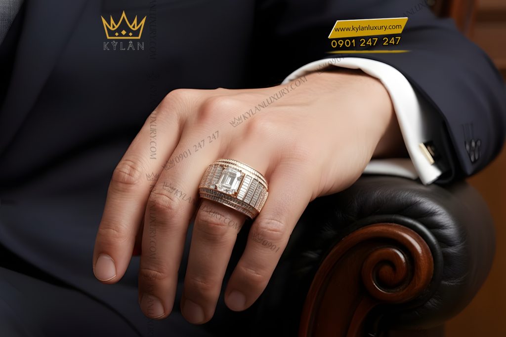 Nhẫn nam vàng hồng Au750 đính kim cương baguette 7 Nhẫn nam vàng hồng Au750 đính kim cương baguette