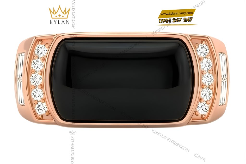 Nhẫn nam vàng hồng Au750 đính kim cương và đá quý đen