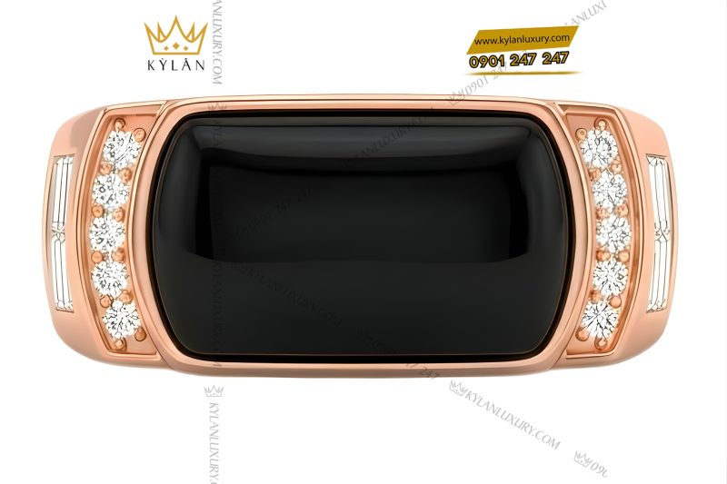 Nhẫn nam vàng hồng Au750 đính kim cương và đá quý đen