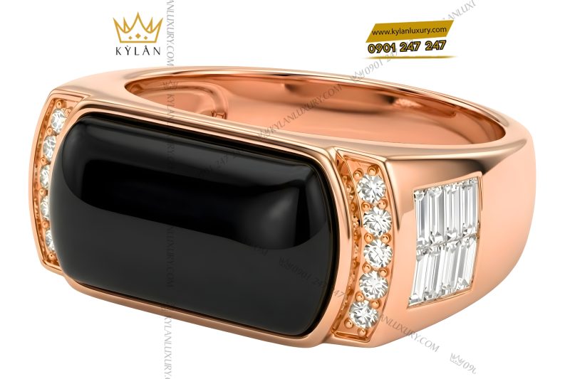 Nhẫn nam vàng hồng Au750 đính kim cương và đá quý đen