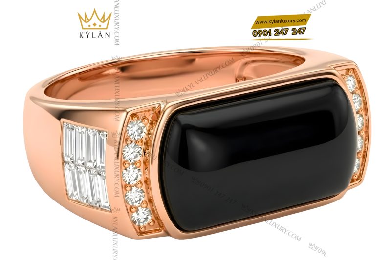 Nhẫn nam vàng hồng Au750 đính kim cương và đá quý đen