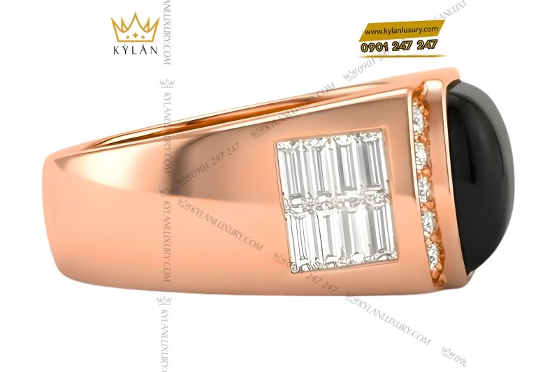 Nhẫn nam vàng hồng Au750 đính kim cương và đá quý đen