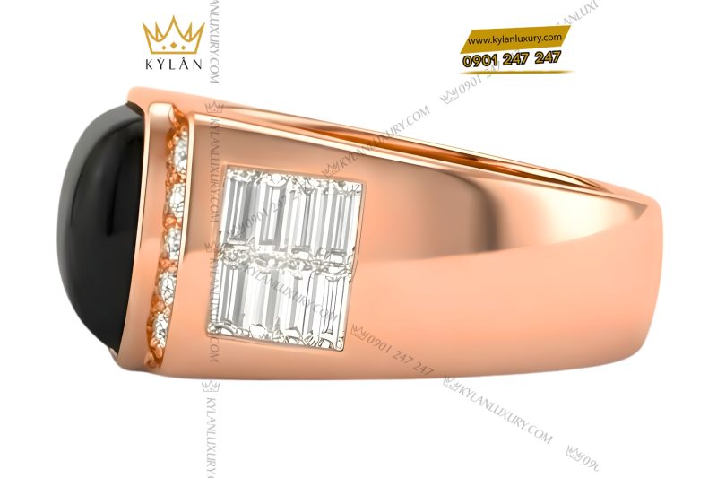 Nhẫn nam vàng hồng Au750 đính kim cương và đá quý đen