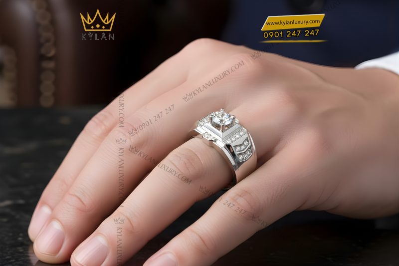Nhẫn nam vàng trắng Au750 đính kim cương