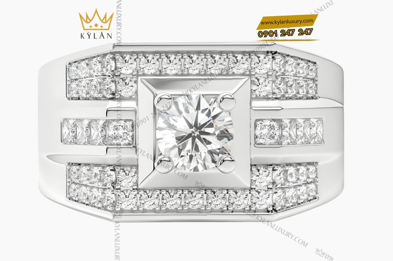 Nhẫn nam vàng trắng Au750 đính kim cương