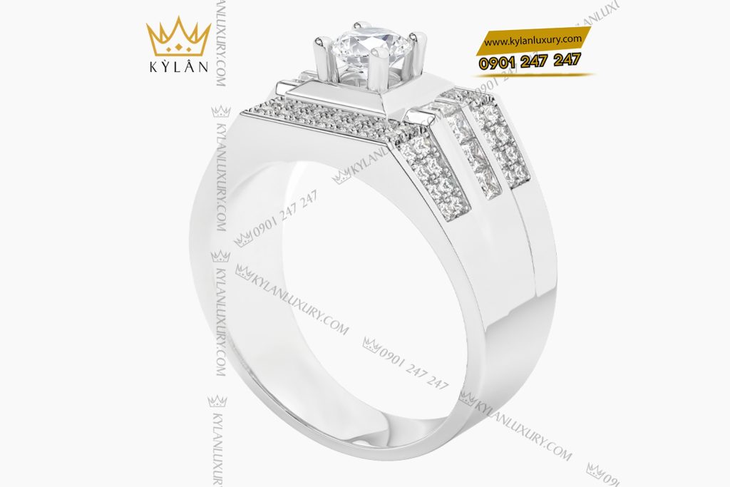 Kỳ Lân Luxury Nhan nam vang trang Au750 dinh kim cuong 13 Nhẫn nam vàng trắng Au750 đính kim cương