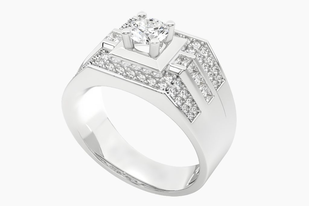 Nhẫn nam vàng trắng Au750 đính kim cương