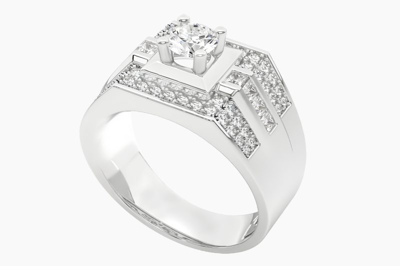 Nhẫn nam vàng trắng Au750 đính kim cương