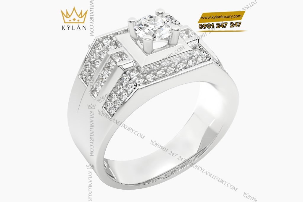 Kỳ Lân Luxury Nhan nam vang trang Au750 dinh kim cuong 16 Nhẫn nam vàng trắng Au750 đính kim cương