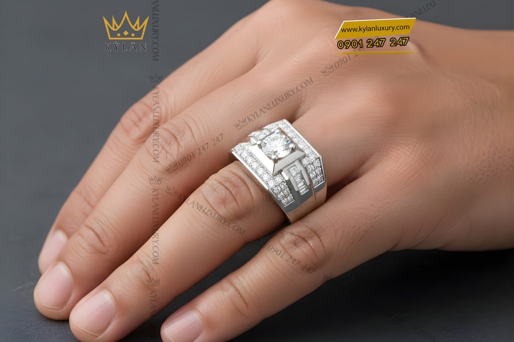 Nhẫn nam vàng trắng Au750 đính kim cương