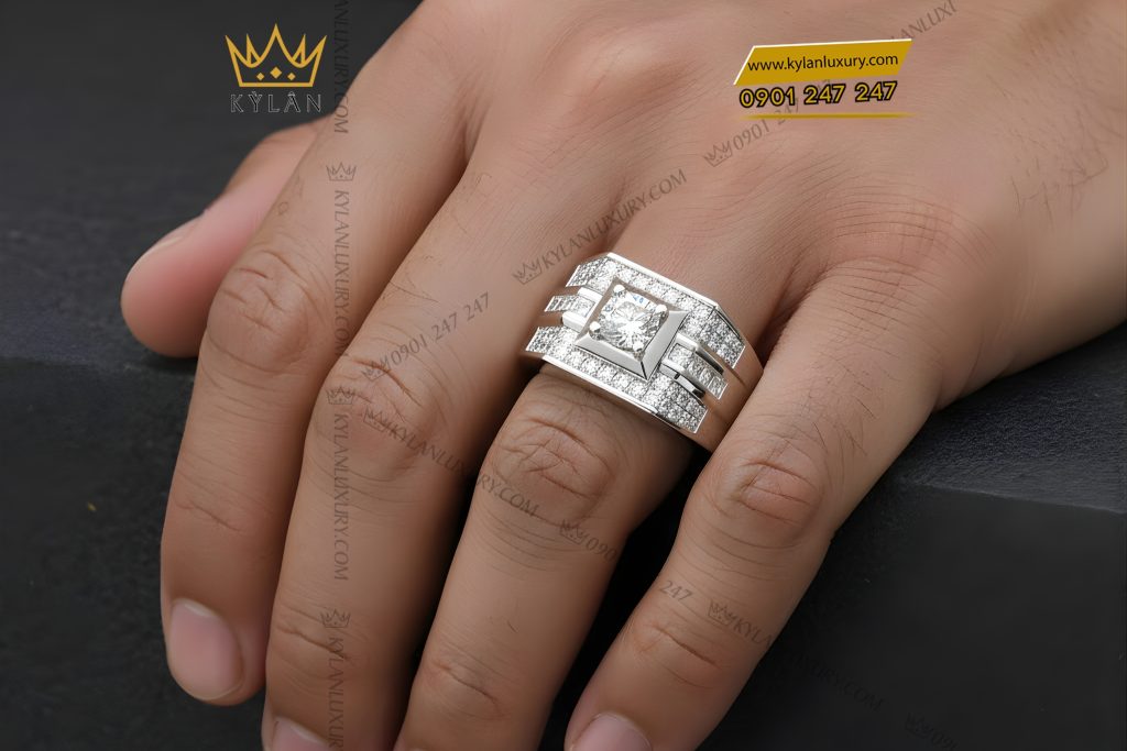 Kỳ Lân Luxury Nhan nam vang trang Au750 dinh kim cuong 18 Nhẫn nam vàng trắng Au750 đính kim cương