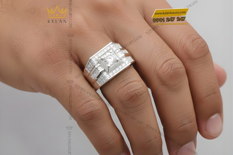 Nhẫn nam vàng trắng Au750 đính kim cương
