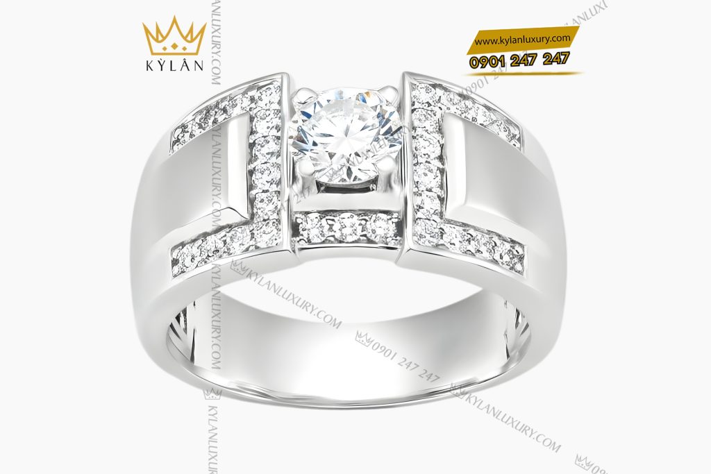 Nhẫn nam vàng trắng Au750 đính kim cương 2 Nhẫn nam vàng trắng Au750 đính kim cương