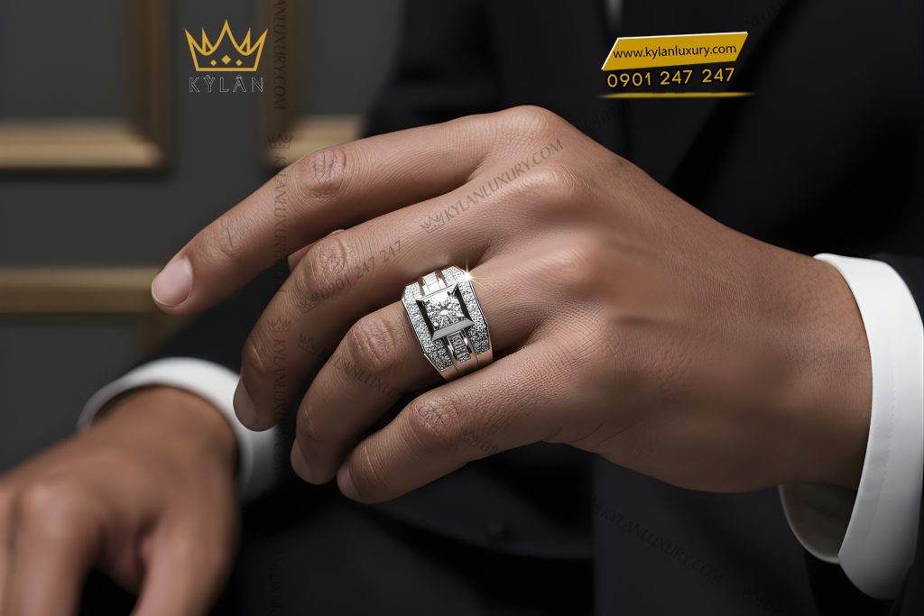 Nhẫn nam vàng trắng Au750 đính kim cương