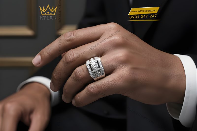 Nhẫn nam vàng trắng Au750 đính kim cương