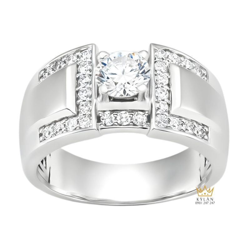 Nhẫn nam vàng trắng Au750 đính kim cương