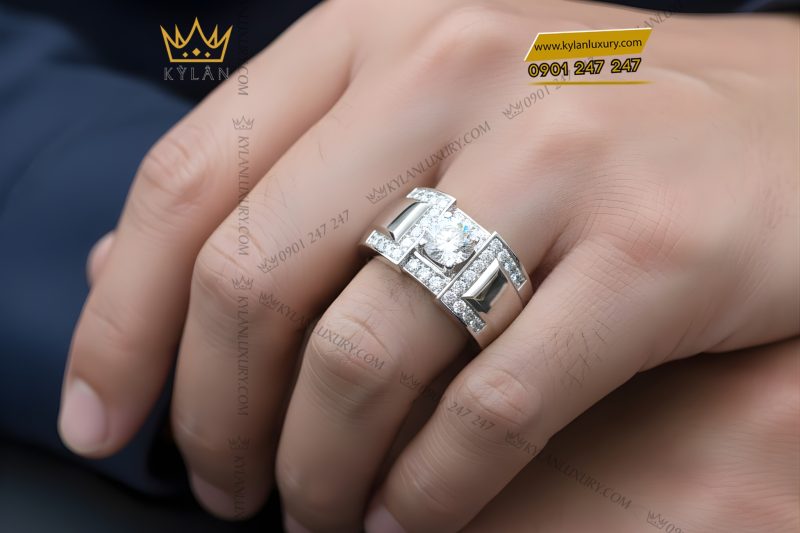Nhẫn nam vàng trắng Au750 đính kim cương