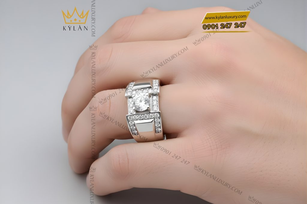 Nhẫn nam vàng trắng Au750 đính kim cương 5 Nhẫn nam vàng trắng Au750 đính kim cương