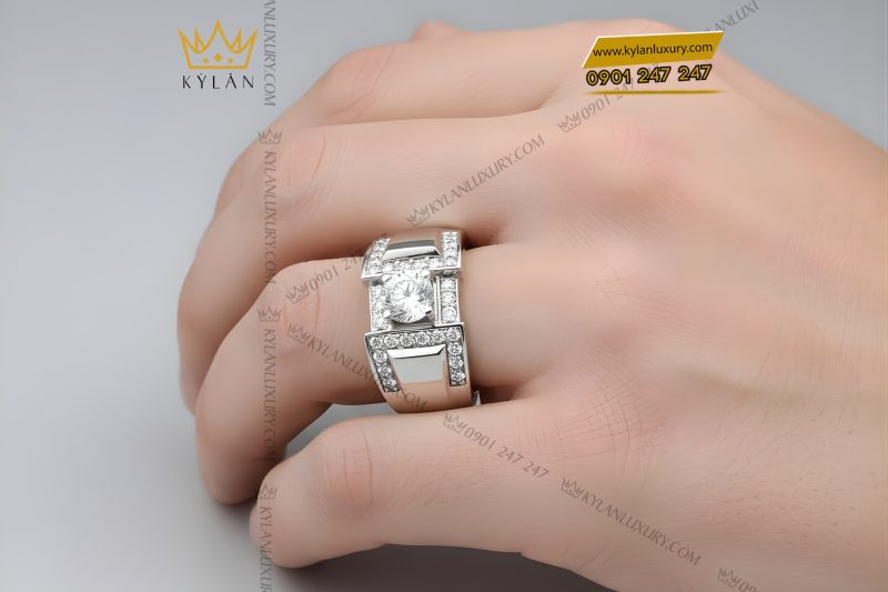 Nhẫn nam vàng trắng Au750 đính kim cương
