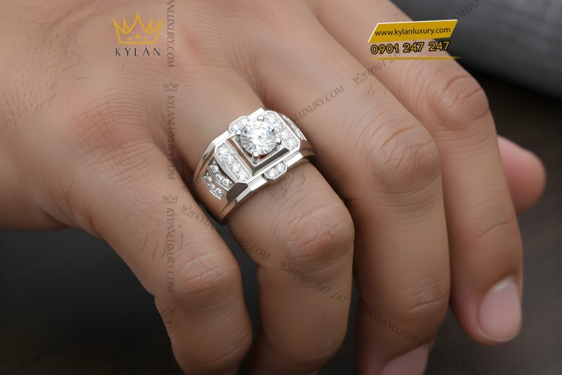 Nhẫn nam vàng trắng Au750 đính kim cương
