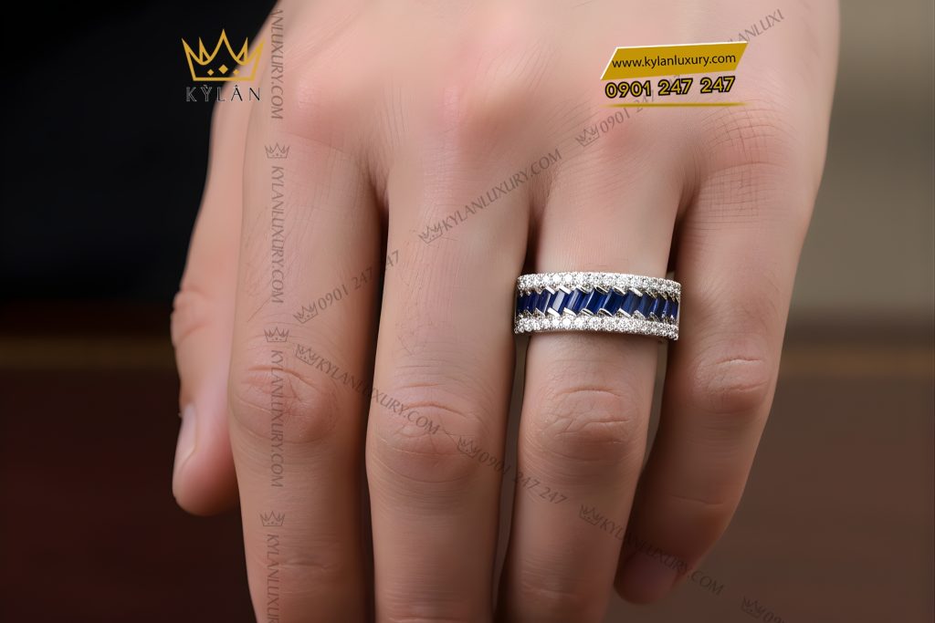 Nhẫn nam vàng trắng Au750 đính kim cương và đá quý 6 Nhẫn nam vàng trắng Au750 đính kim cương và đá quý