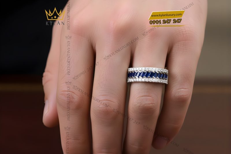 Nhẫn nam vàng trắng Au750 đính kim cương và đá quý