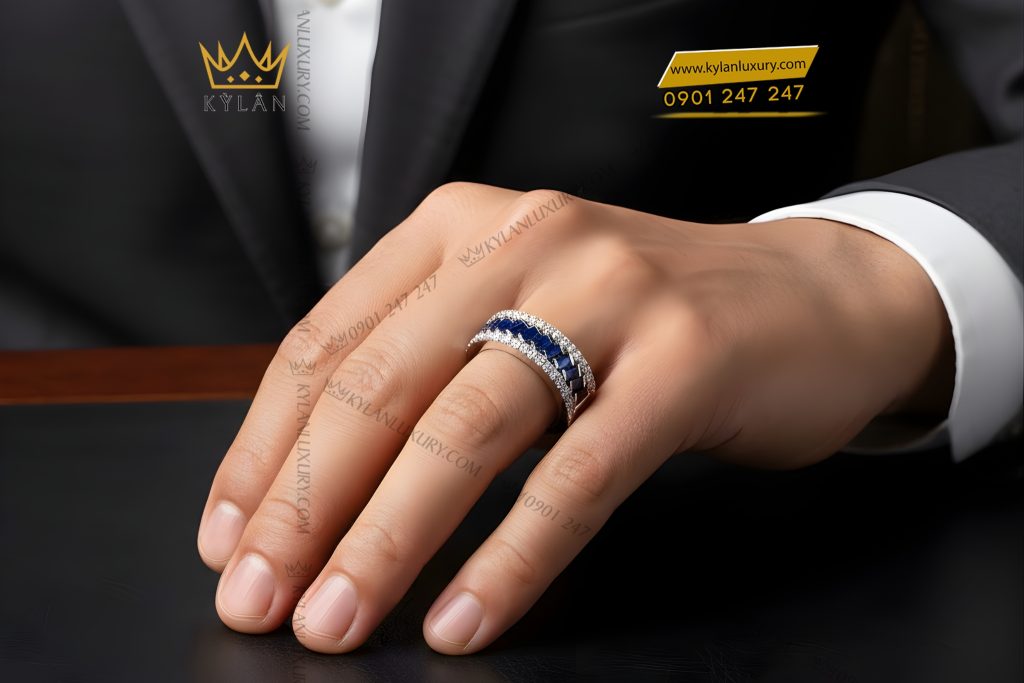 Nhẫn nam vàng trắng Au750 đính kim cương và đá quý 7 Nhẫn nam vàng trắng Au750 đính kim cương và đá quý