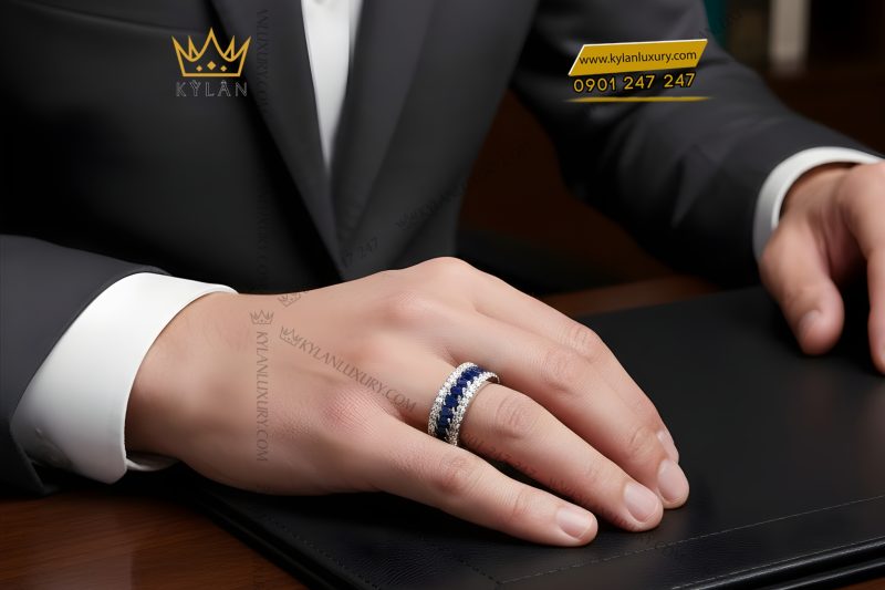 Nhẫn nam vàng trắng Au750 đính kim cương và đá quý