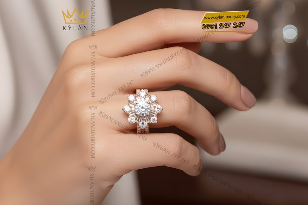 Nhẫn nữ vàng hồng Au750 đính kim cương