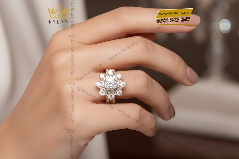 Nhẫn nữ vàng hồng Au750 đính kim cương