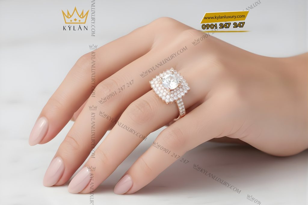 Nhẫn nữ vàng hồng Au750 đính kim cương 15 Kỳ Lân Luxury Nhan nu vang hong Au750 dinh kim cuong 10 Nhẫn nữ vàng hồng Au750 đính kim cương