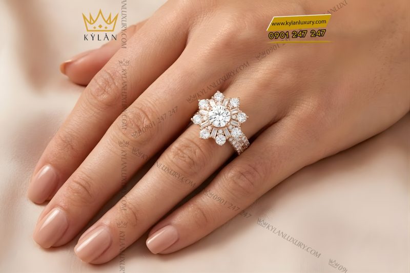 Nhẫn nữ vàng hồng Au750 đính kim cương