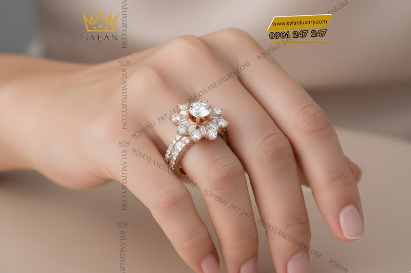 Nhẫn nữ vàng hồng Au750 đính kim cương