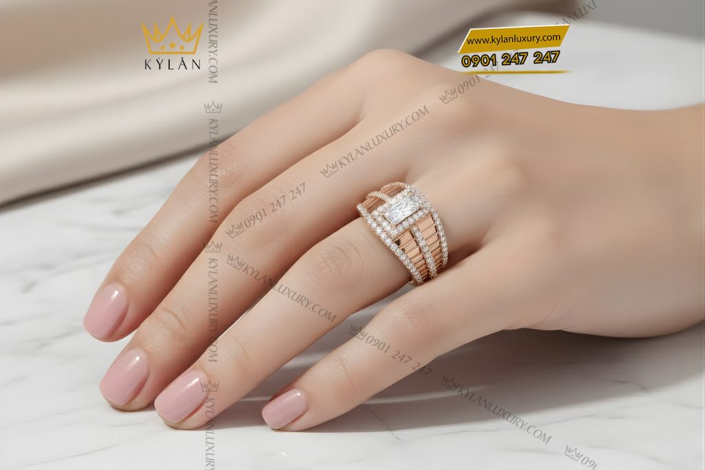 Nhẫn nữ vàng hồng Au750 đính kim cương