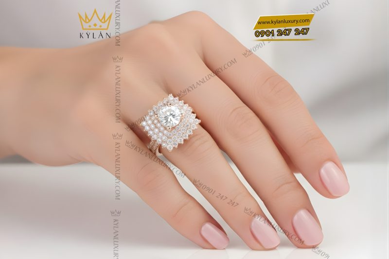 Nhẫn nữ vàng hồng Au750 đính kim cương
