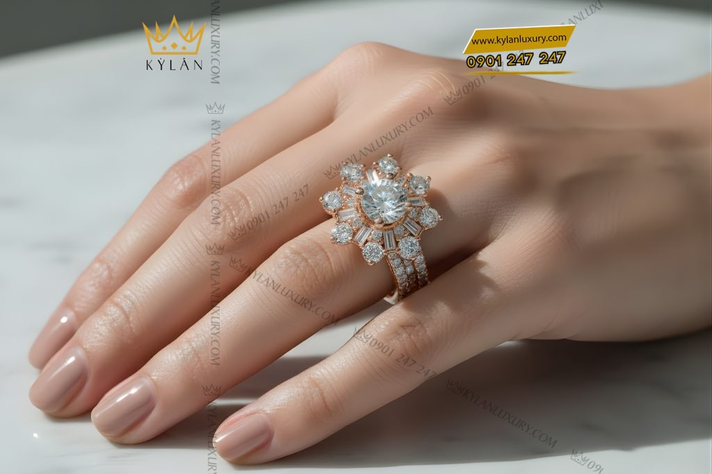 Kỳ Lân Luxury Nhan nu vang hong Au750 dinh kim cuong 9 1 Nhẫn nữ vàng hồng Au750 đính kim cương