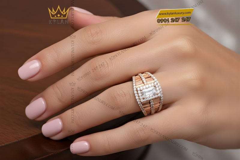 Nhẫn nữ vàng hồng Au750 đính kim cương
