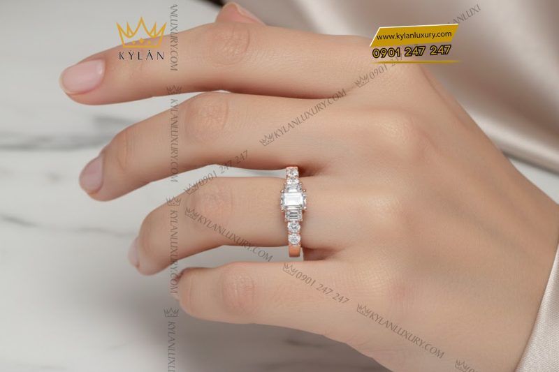 Nhẫn nữ vàng hồng Au750 đính kim cương baguette